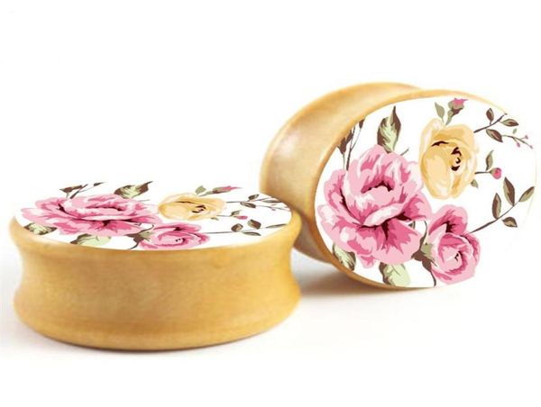 vintage flower double flare saddle ear plug gauges tunnel mix 616mm wood body piercing jewelry304m9976553, Silver